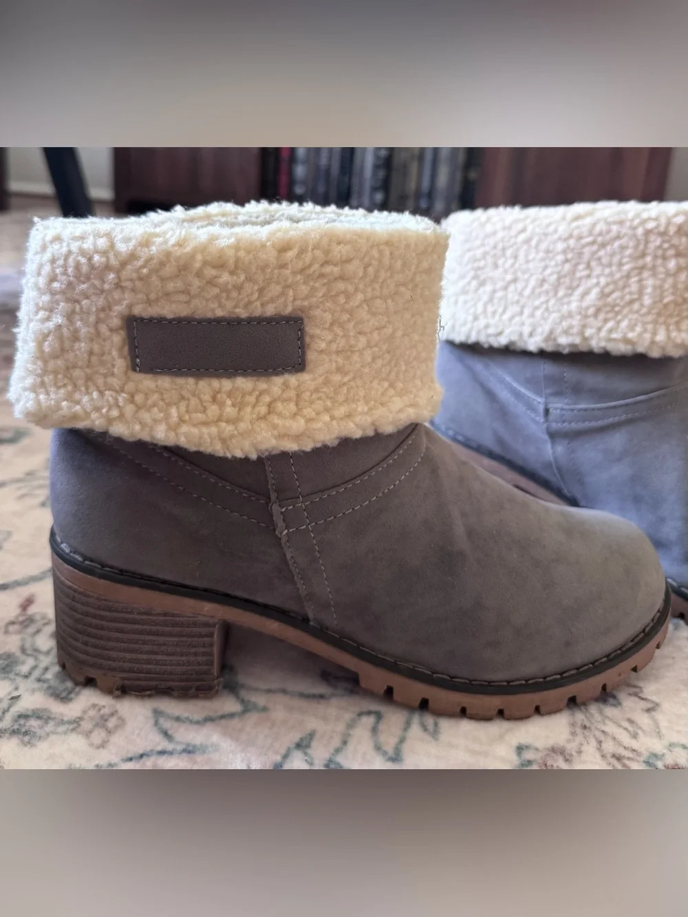 Cozy Fold-Over Ankle Booties in Gray with Cream Sherpa Cuff